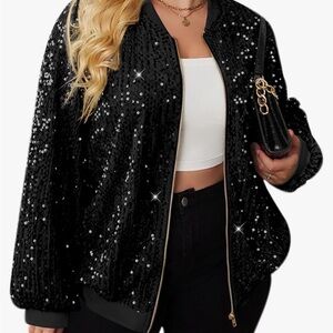 Silver Sequin bomber jacket black shimmer loose casual front pockets party 20w